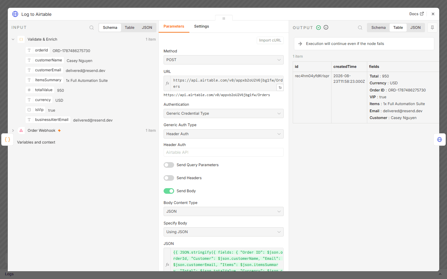 n8n execution detail showing a real record created in Airtable, with a real record ID and order fields